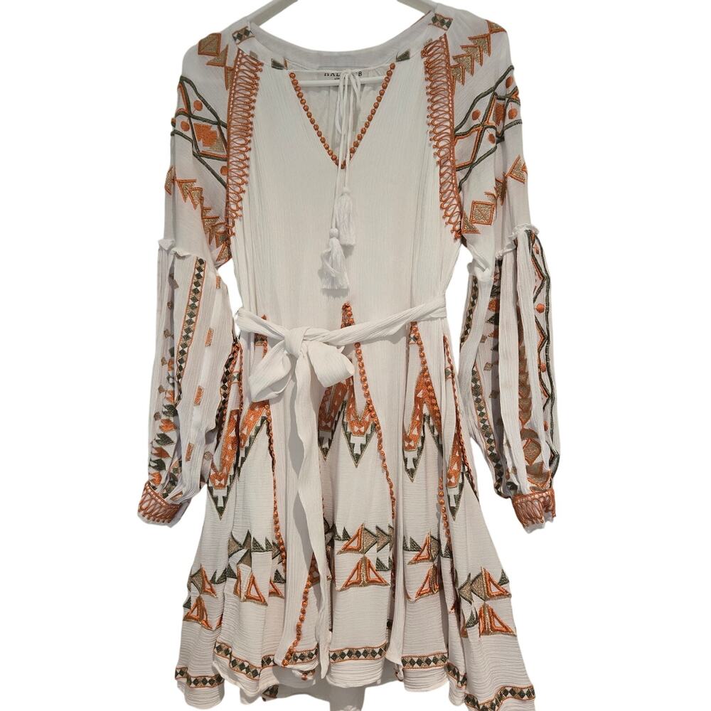 Hale Bob Ravin Embroidered Balloon Sleeve Aztez Tribal Print Mini Dress, Sz S - Picture 3 of 13